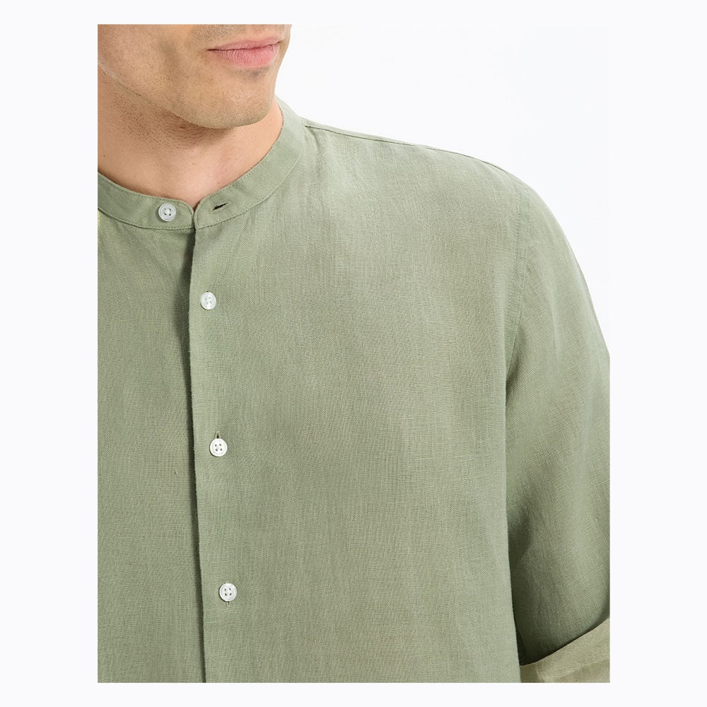 Regular-Fit 100% Linen Mandarin Collar Shirt - Sage Green