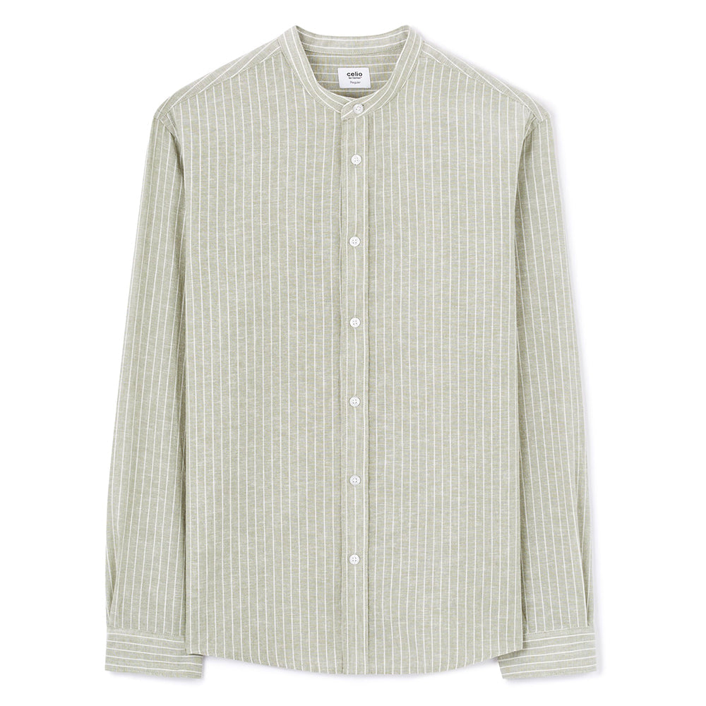 Regular Striped Shirt With Mandarin Collar In Linen And Cotton - Sage
