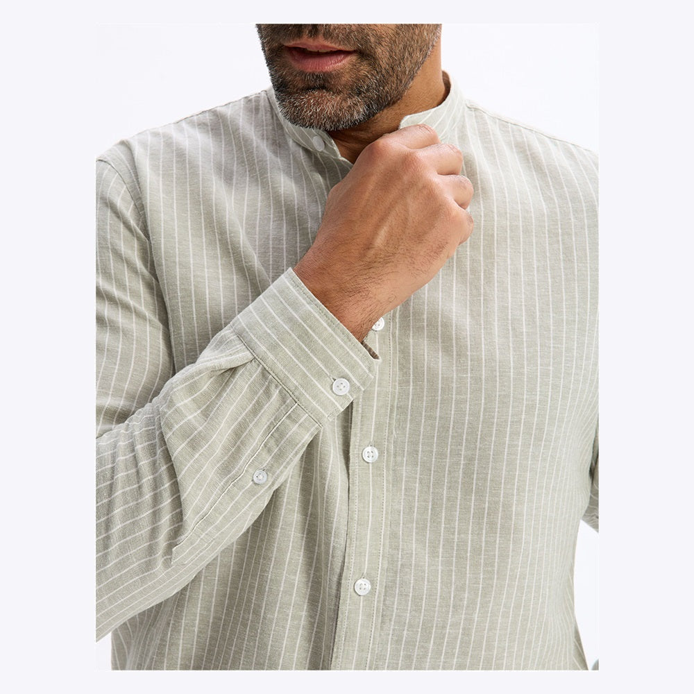 Regular Striped Shirt With Mandarin Collar In Linen And Cotton - Sage