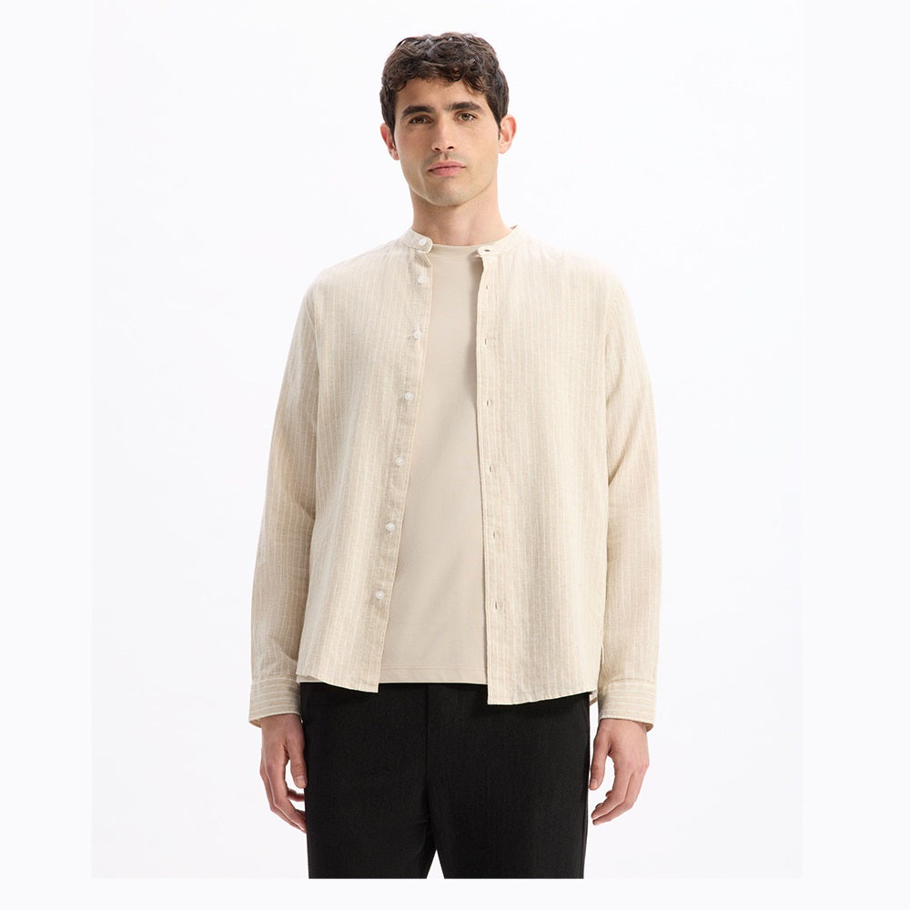 Regular Striped Shirt With Mandarin Collar In Linen And Cotton - Natural