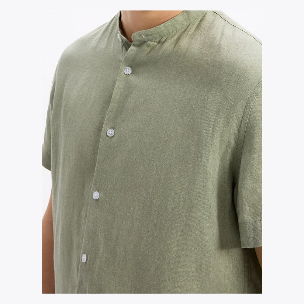 Regular-Fit 100% Linen Mandarin Collar Shirt - Sage Green