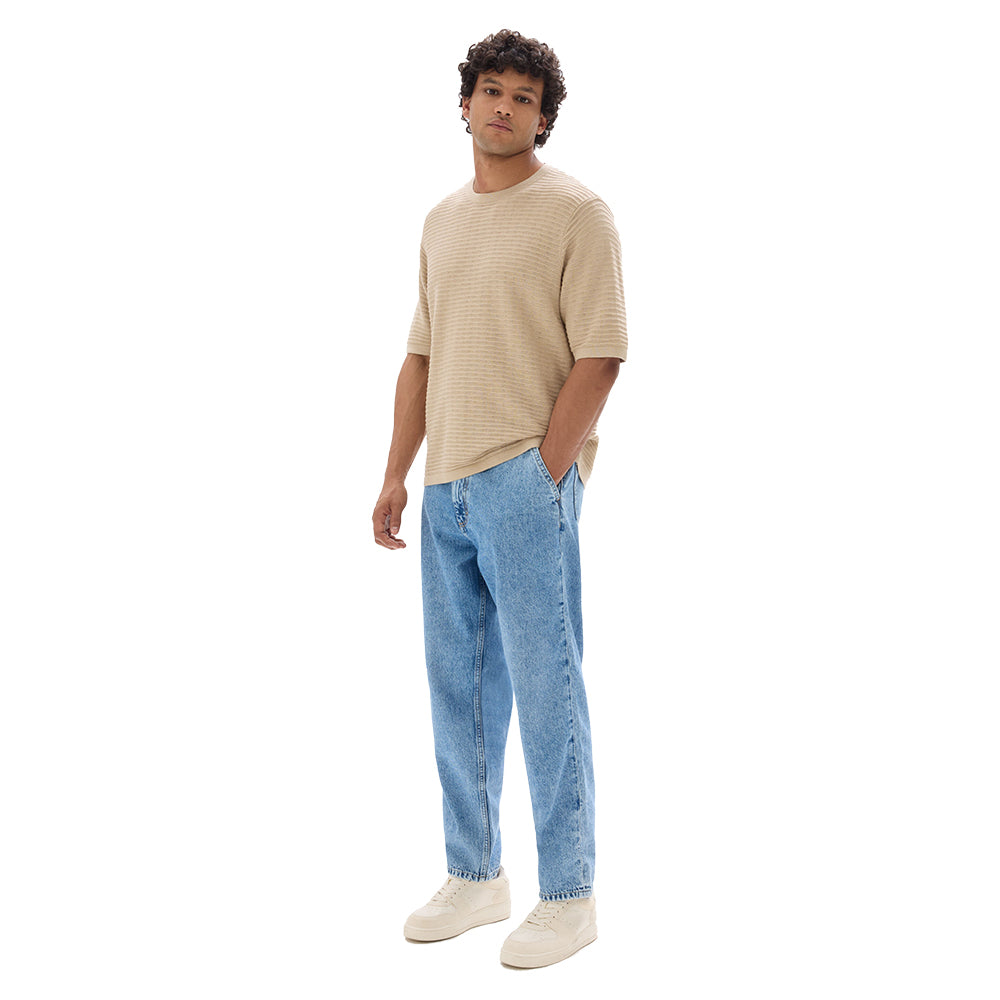 Boxy Round Neck Openwork Knit T-Shirt