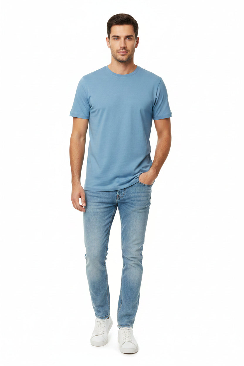Straight Round Neck T-Shirt 100% Cotton - Navy - Runner