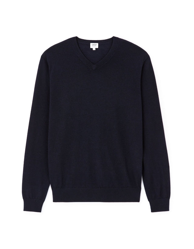 100% Merino Wool V - Neck Sweater - Navy - Runner