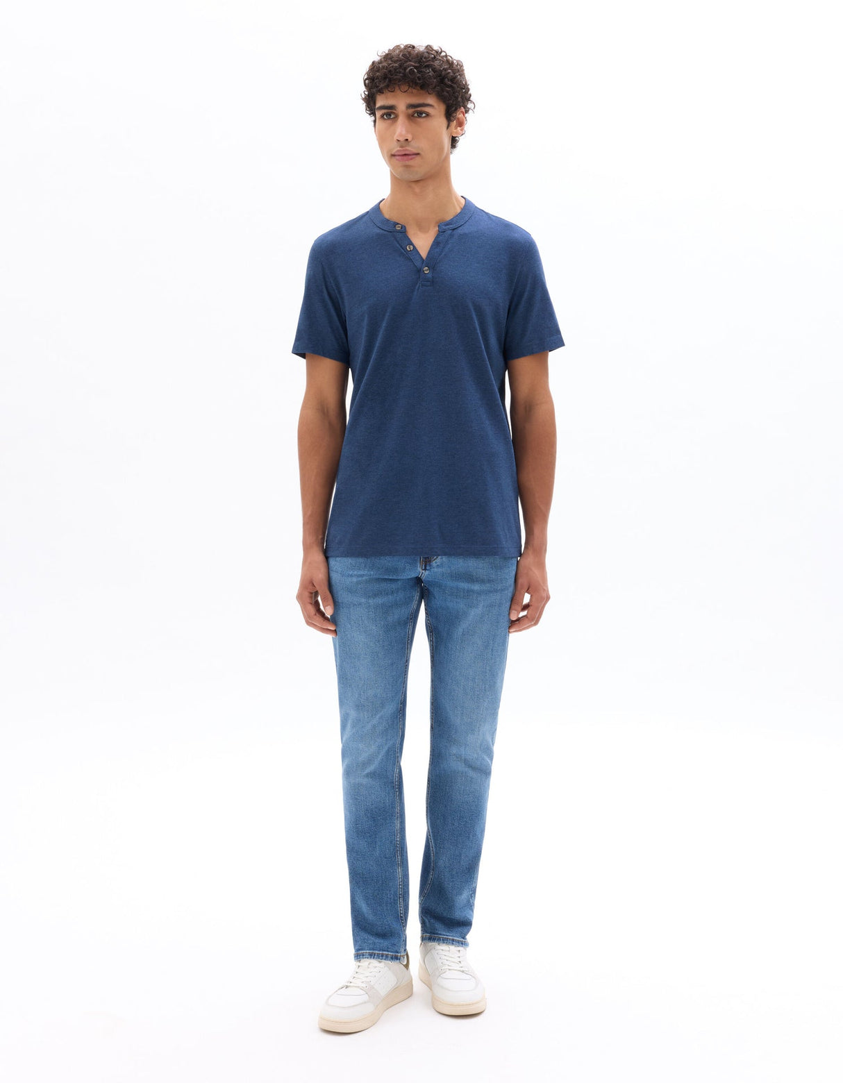 Straight Cut Henley Mixed T-Shirt