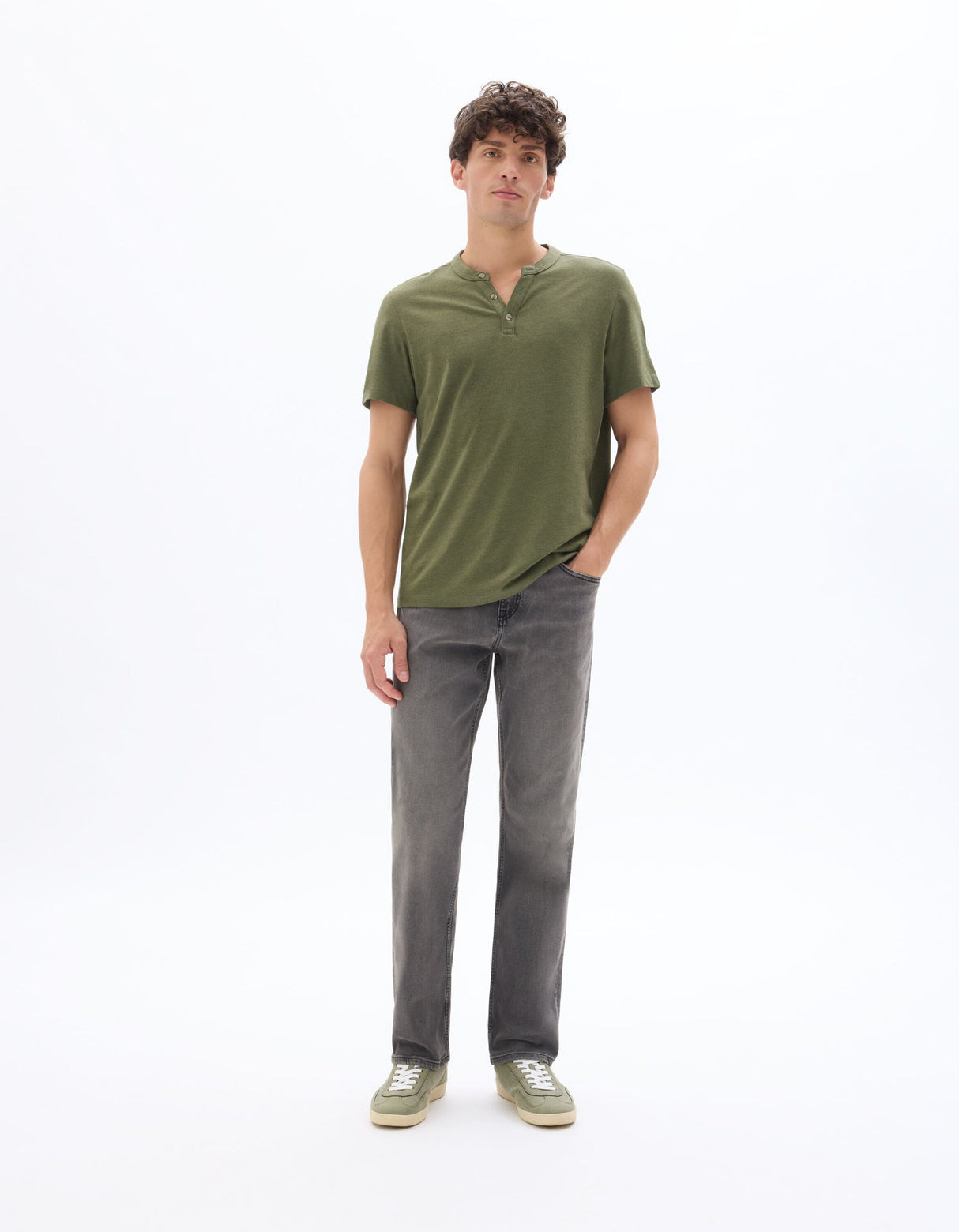 Straight Cut Henley Mixed T-Shirt