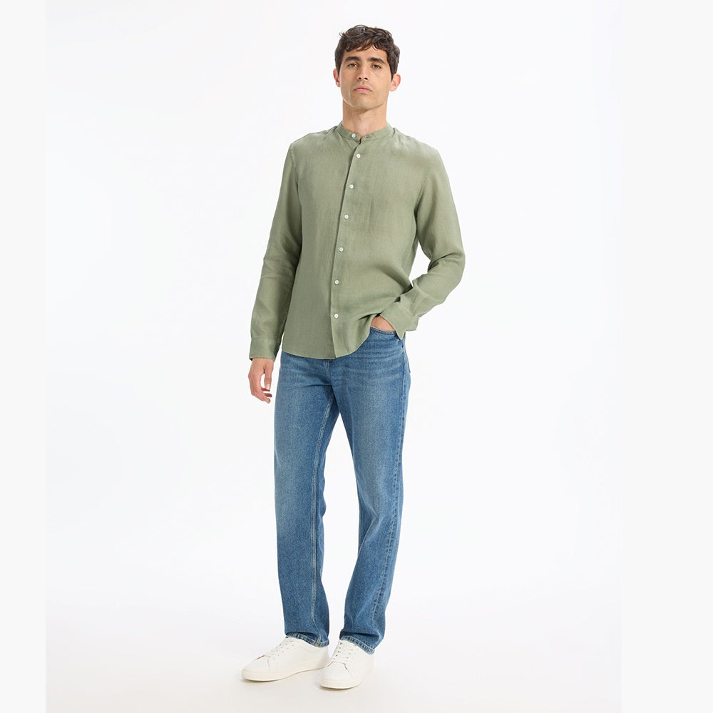 Regular-Fit 100% Linen Mandarin Collar Shirt - Sage Green