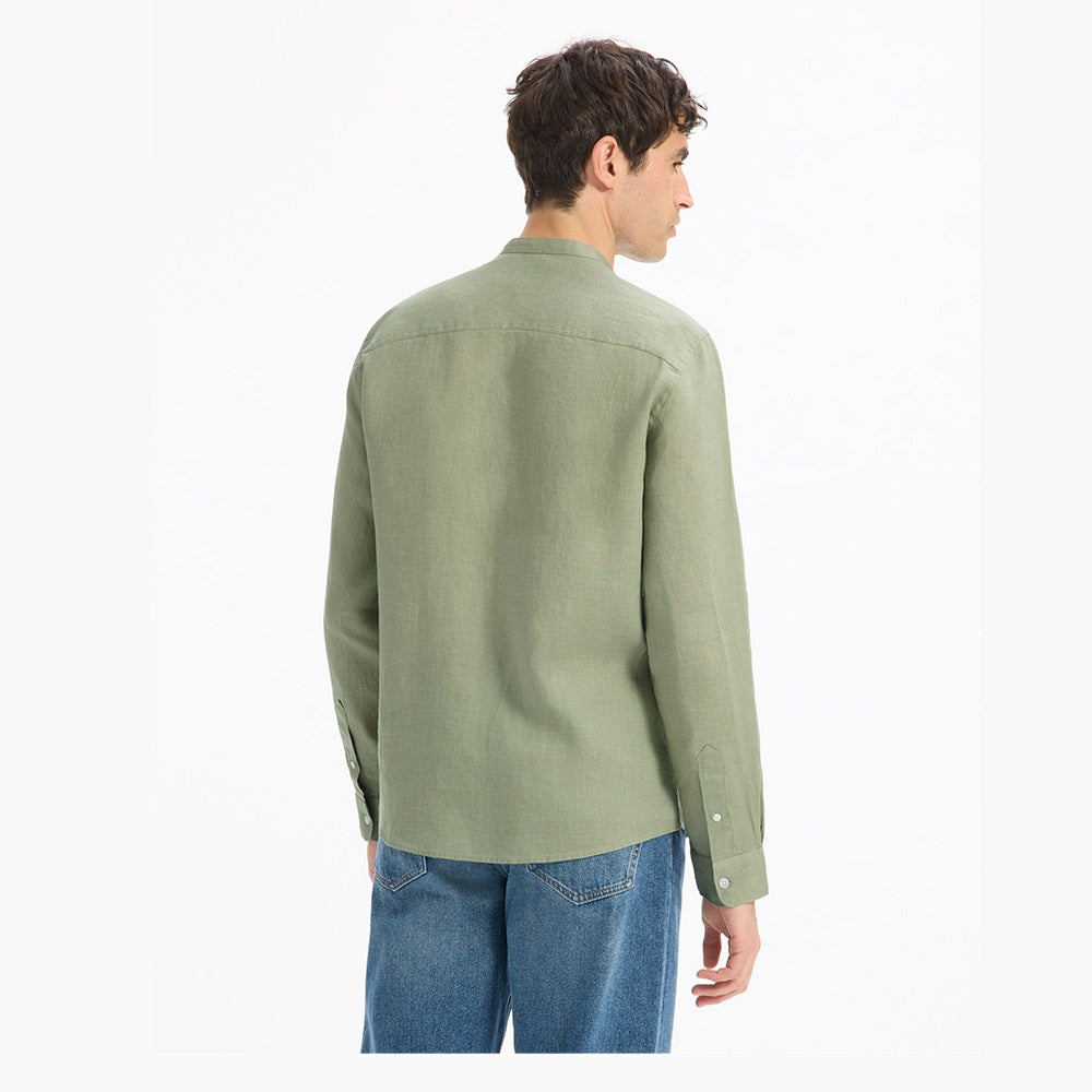 Regular-Fit 100% Linen Mandarin Collar Shirt - Sage Green