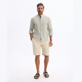 Regular Striped Shirt With Mandarin Collar In Linen And Cotton - Sage