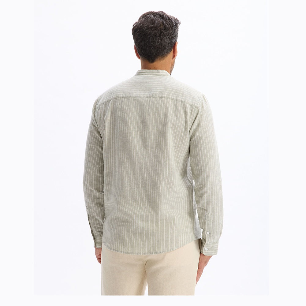 Regular Striped Shirt With Mandarin Collar In Linen And Cotton - Sage