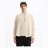 Regular Striped Shirt With Mandarin Collar In Linen And Cotton - Natural