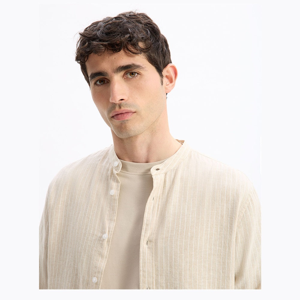 Regular Striped Shirt With Mandarin Collar In Linen And Cotton - Natural