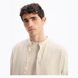 Regular Striped Shirt With Mandarin Collar In Linen And Cotton - Natural