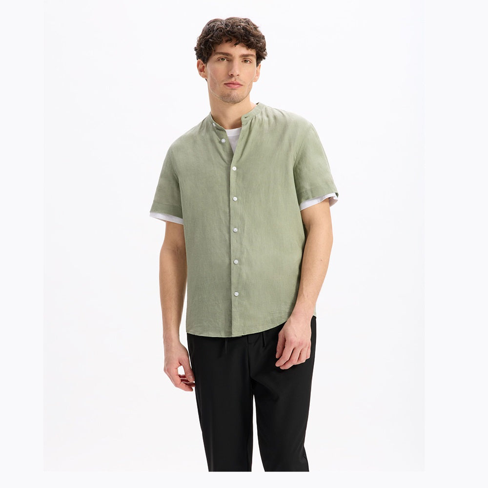 Regular-Fit 100% Linen Mandarin Collar Shirt - Sage Green