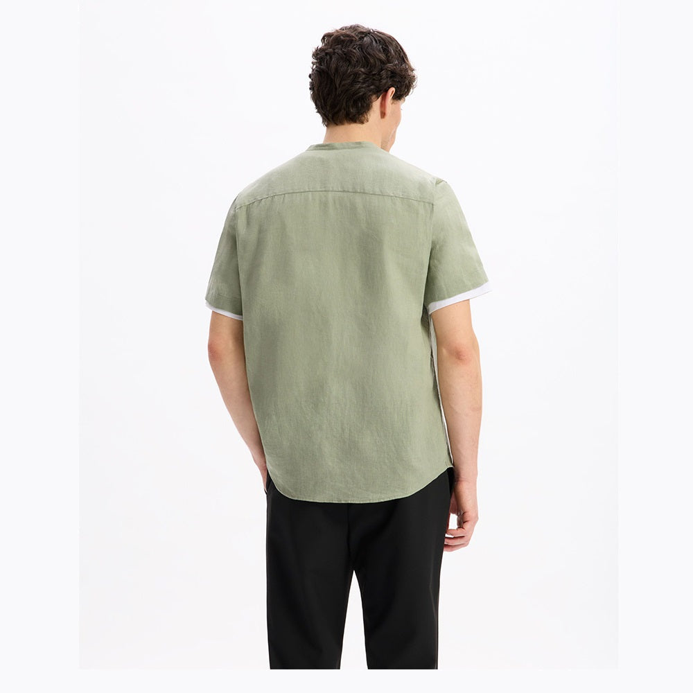 Regular-Fit 100% Linen Mandarin Collar Shirt - Sage Green
