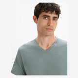 100% Cotton Straight V-Neck T-Shirt - Grey-Green
