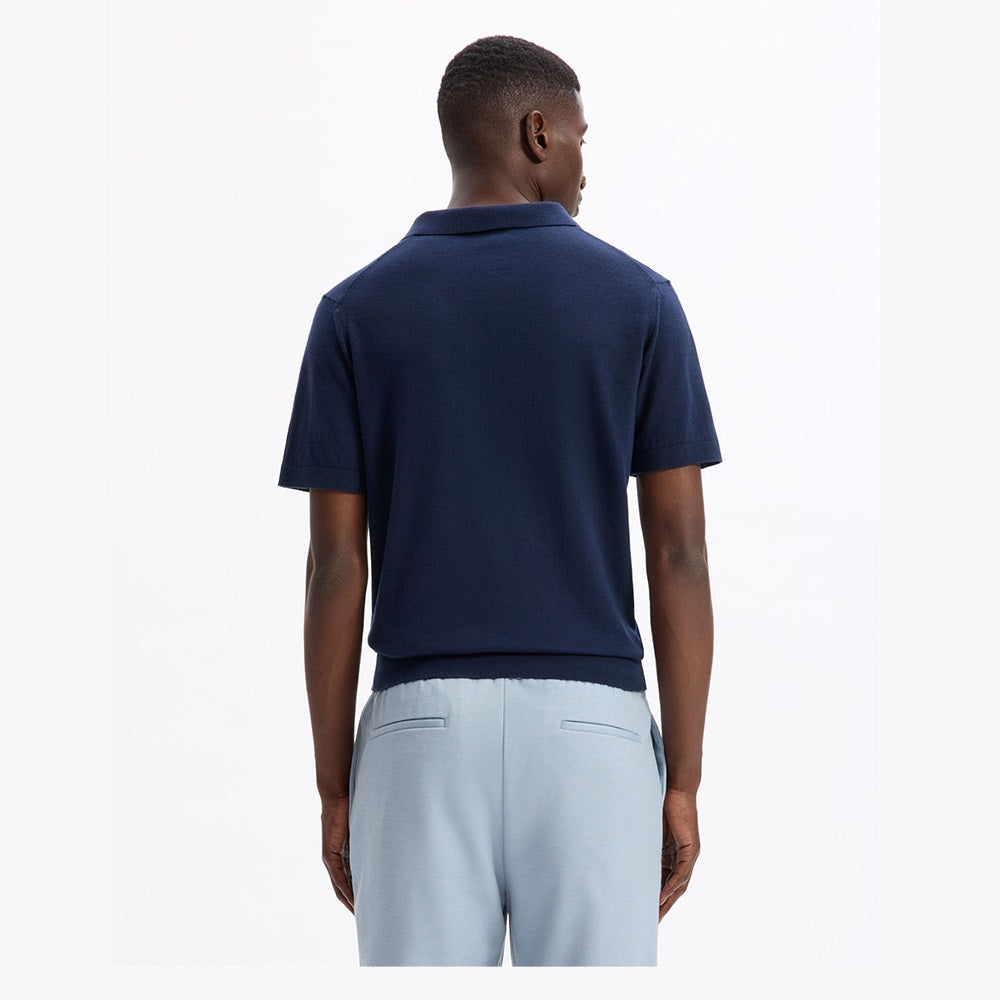 Slim-Fit 100% Cotton Knit Polo Shirt - Navy