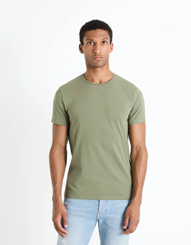 Round - Neck Stretch Cotton T-Shirt - Khaki - Runner