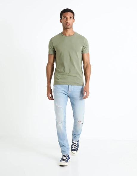 Round - Neck Stretch Cotton T-Shirt - Khaki - Runner
