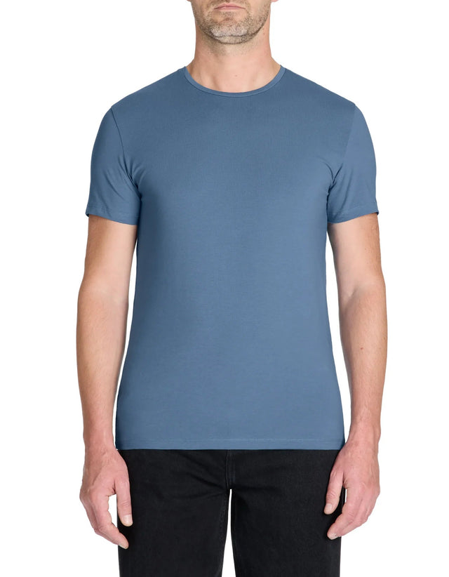 Slim Round - Neck T-Shirt In Stretch Cotton - Blue - Runner