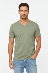 Stretch Cotton V-Neck T-Shirt - Khaki - Runner